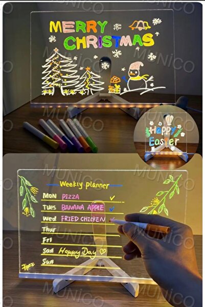 Munico DIY LED Mektup Mesaj Panosu Şeffaf Masaüstü Not Not Lambası Sanat Not Defteri Çocuk Çizim Tableti