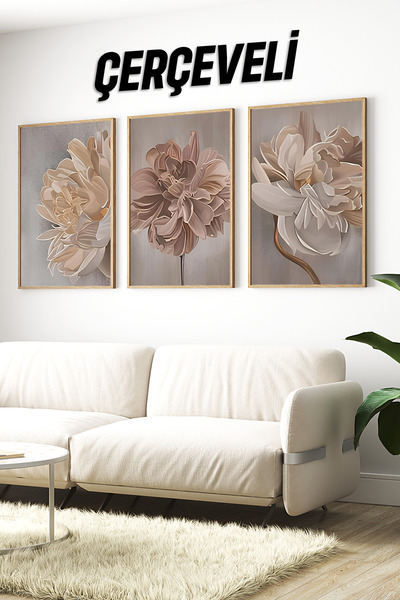 kutuTR 🤍 3’lü Çerçeveli Soft Tonlarda Büyük Çiçek Desenli Tablo Seti 🌿 CRV1156
