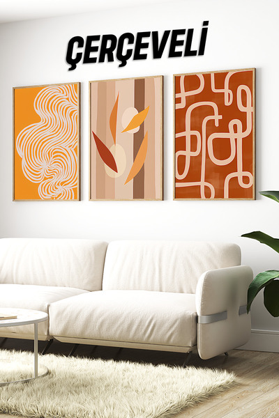 kutuTR 🧡 3’lü Çerçeveli Tarçın ve Turuncu Tonlarında Modern Soyut Tablo Seti...