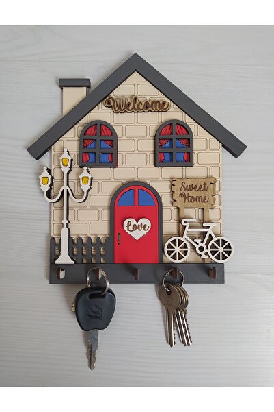 Home Ahşap Dekoratif Hediyelik Welcome-Love Bisikletli Ev Temalı Anahtar Askı...