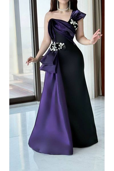 4YOU Black one-shoulder evening dress with lavender glitter details, embellished with rose and pearl embellishment