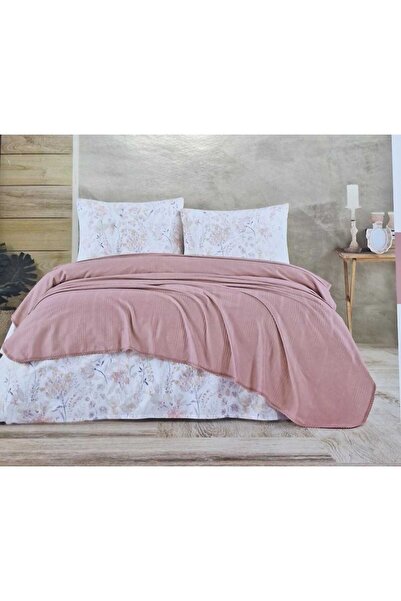 ZEYNO HOME TEKSTİL Stylish Lace 3 Piece Single Pique Set - 100% Cotton Fabric - Dusty Rose