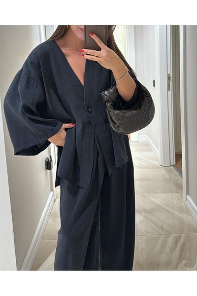 Lavanta Tekstil V Neck Single Button Kimono Pants Suit