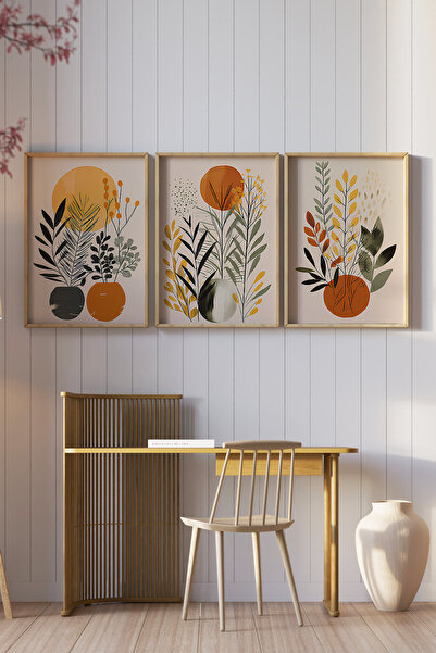 kutuTR 🌿 Turuncu Vazo ve Yaprak Temalı 3’lü Çerçeveli Tablo Seti Modern Dekorasyonun Yeni Yüzü 🌿 CRV1158