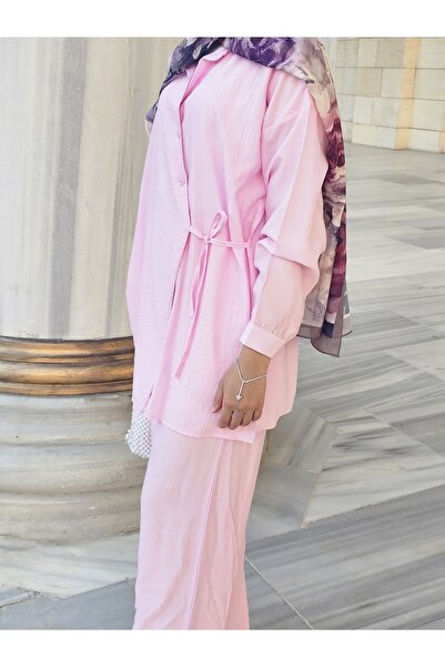 ARJİN MODA Women's Yandan Tie Button Shirt and Baggy Pants