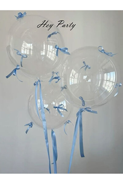PartyPoo 30 Adet Mavi Fiyonk Kurdeleli - 3 Adet Şeffaf Bobo Balon Seti Fiyonk...
