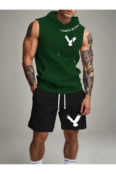 bellanova Athletic Vest and Shorts Set, Lace-Up Printed Tank Top with Hood,