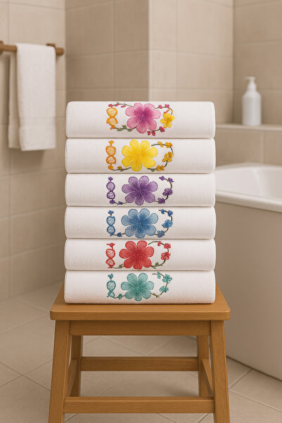 KAYABEY HOME Embroidered Flower Patterned Set of 12 Guest Hand Face Towels – 100% Cotton 30 X 50 cm