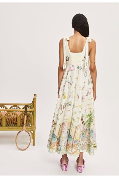 Butik Şenel Colorful Doodle Drawing Printed Shoulder Tie Dress