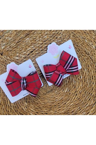 LO ADORO 2Pcs Red White Navy Blue Plaid Checkered Bow Buckle Girl's Hair Less Babies Early Year Clip Buckle