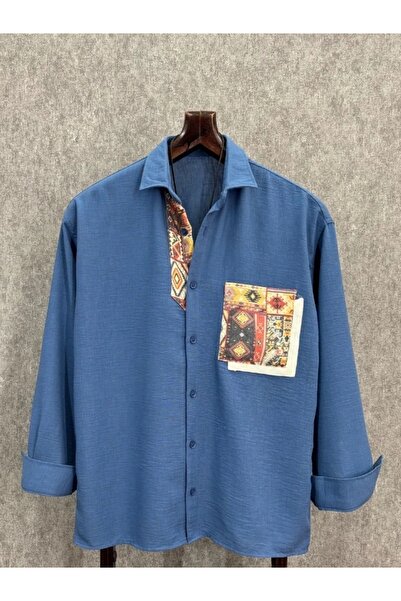 FıttingRoom Oversize Soho Bohem Pamuk Keten İndigo Gömlek