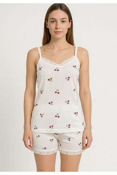 TOSKI Pijama damă cu maiou cu bretele subțiri și dantelă delicată, short lejer cu imprimeu cu cireșe