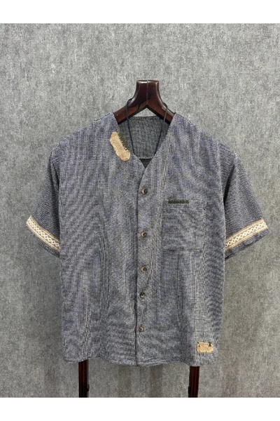 FıttingRoom Oversize Straw Embroidered Cotton Linen Smoked Shirt