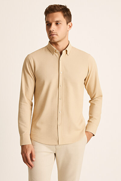 mavisima erkek giyimi Pánská béžová košile s dlouhým rukávem pro volný čas Aerobin – Regular Fit