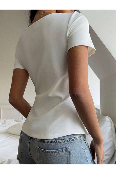 poswicon White Short Sleeve Lace-Up Front Top