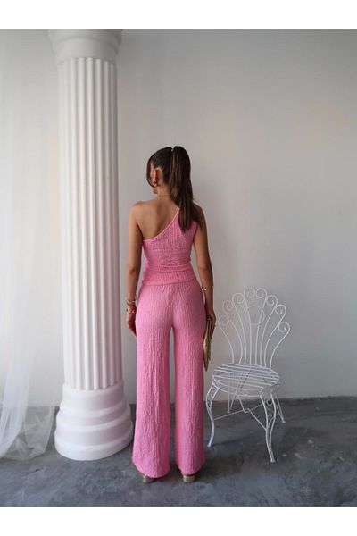 Xenthe New Season Women's Black Seersucker Bubble Fabric Single Shoulder Crop Blouse and Wide Leg Pants Double Suit