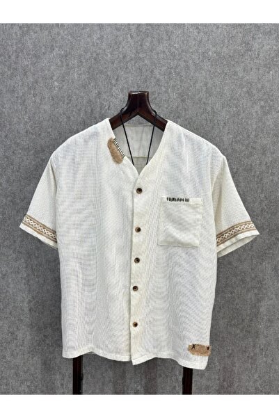 FıttingRoom قميص أبيض فاتح من القطن والكتان بتفاصيل مصنوعة يدويًا مقاس كبير