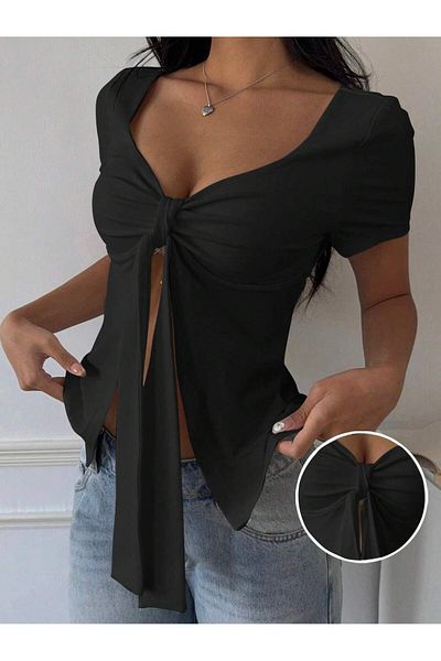 poswicon Black Short Sleeve Lace-Up Front Top