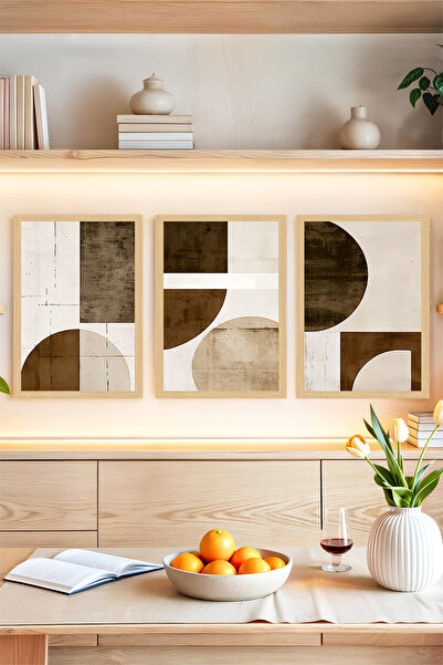 kutuTR 🟤 Geometrik Formlarda Kahve Tonlarında Modern 3’lü Tablo Seti – Çerçe...