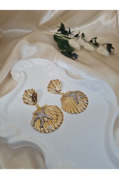 ZEYM Gold Seashell Earrings – Summer Earrings with Pearl Star Detail Golden Seashell |   Collection