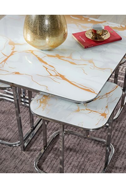 AlberoLife 5li Oval Kenar (KURULUM GEREKTİRMEZ) 4+1 BEYAZ SARI MERMER Temperli KIRILMAZ Cam Gümüş Ayak Sehpa