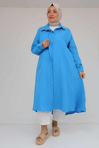 Eslina 58093 large size mevlana cut muslin shirt - blue