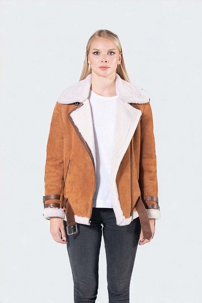 SVELG Victoria - Brown Suede Sheepskin Jacket with White Collar