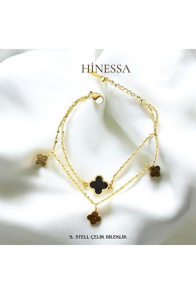HİNESSA Clover Pattern Steel Stainless Gold Black Bracelet