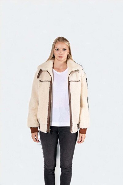 SVELG SCARLETT - Deri Kenarlı Krem Koyun Postu Pilot Ceket