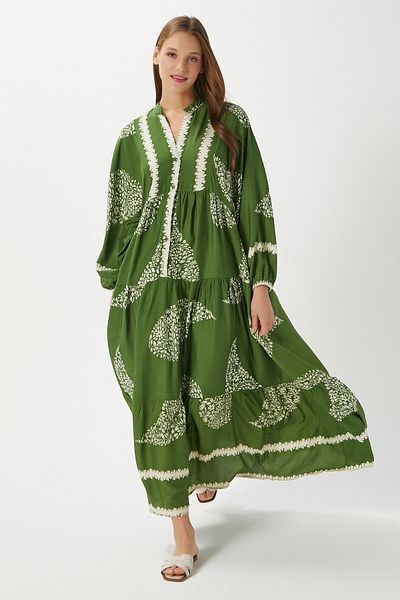 Ritnice Modest Helena Green Cream Women's 100% Viscose Maxi Length Layered Balloon Sleeve Long Summer Dress