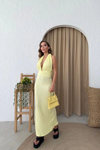 MOZENA Seersucker Halter Neck Slit Detail Long Dress