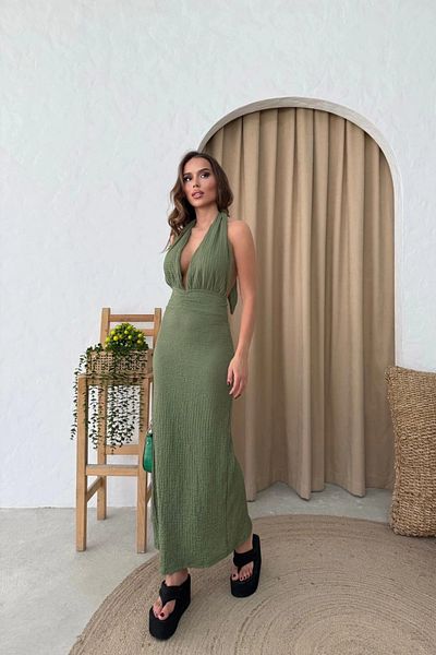 MOZENA Seersucker Halter Neck Slit Detail Long Dress