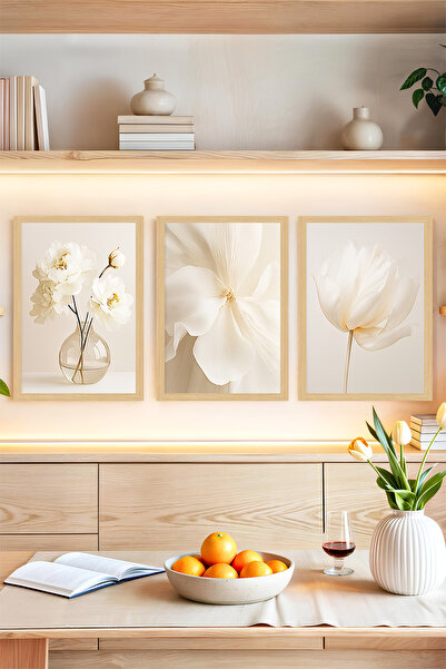kutuTR 🌿 Beyaz Çiçekler Temalı 3'lü Çerçeve Görünümlü Tablo Seti 🌟 CRVS1149