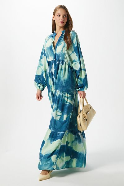 Ritnice Modest Gloria Turquoise Women's 100% Viscose Maxi Size Layered Balloon Sleeve Long Summer Dress