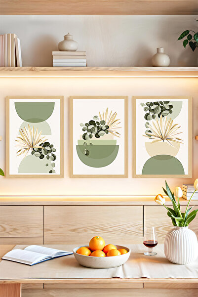 kutuTR 🌿 Yeşil Saksılı Soyut Bitki Kompozisyonu 3'lü Çerçeve Görünümlü Tablo...