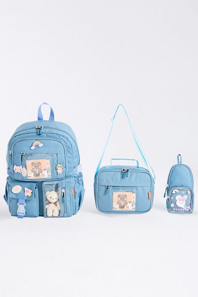 Roxbros Set de 3 accesorii în stil coreean Kawaii pentru copii, geantă pentru școală primară, rucsac cu suport pentru creion și cutie de prânz