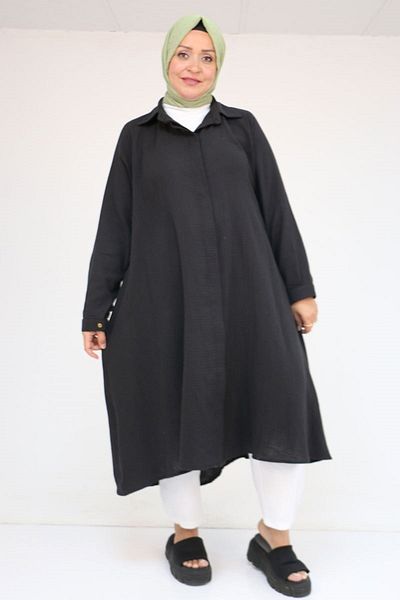 Eslina 58093 large size mevlana cut muslin shirt - black