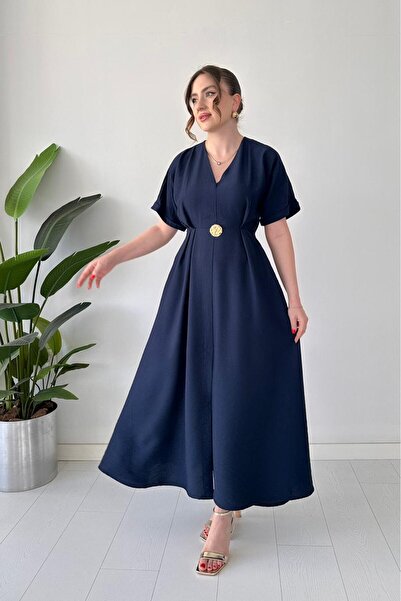 MaziButik Single Brooch Dress Navy Blue