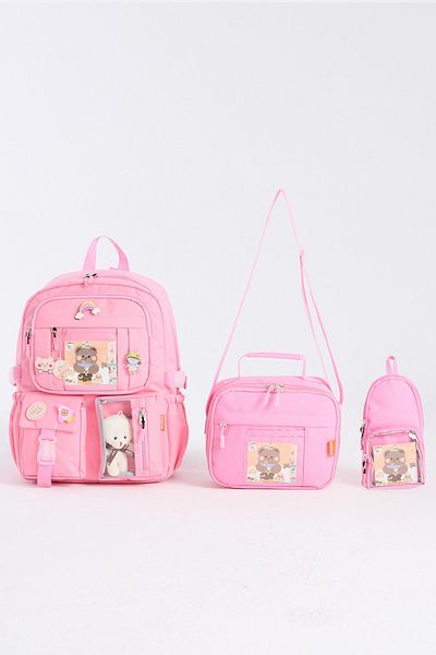 Roxbros Set of 3 Girls' Primary School Bag with Korean Style Accessories Backpack with Pen Holder and Lunch Bag