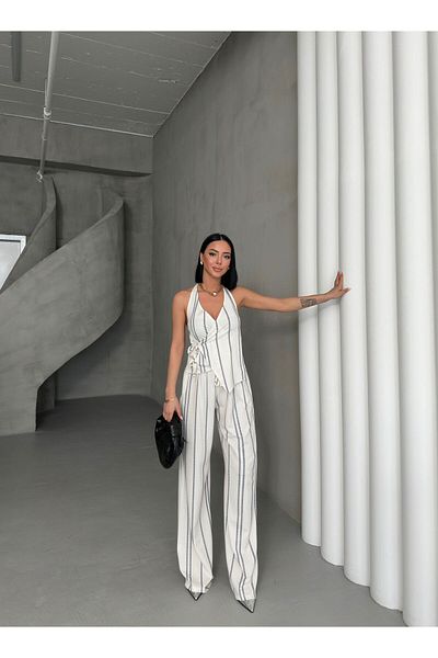 aytenli Double Breasted Collar Side Tie Top Elastic Size Lace up Pocket Palazzo Pants Striped Suit