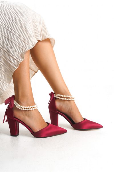 FOLLOWIN Women's Bride Burgundy Satin Pearl Thick Heeled Wedding Wedding Bridal Shoes