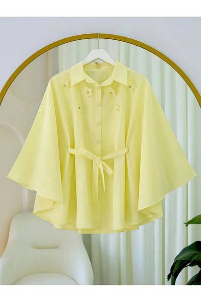 Modamorfo Front Floral Detailed Lace-Up Waist Buttoned Poncho - Light Yellow