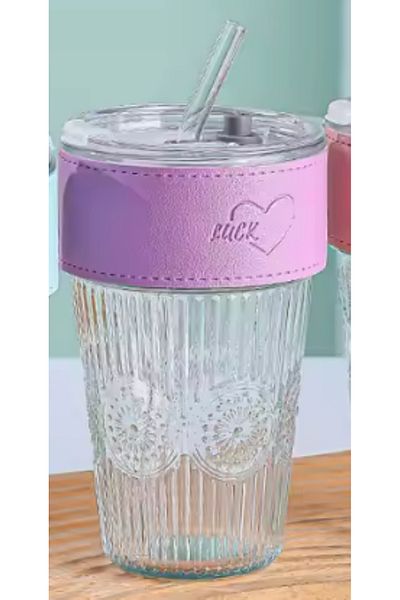 LDA Glass tumbler with straw, 560 ml, engraved heart, various colors