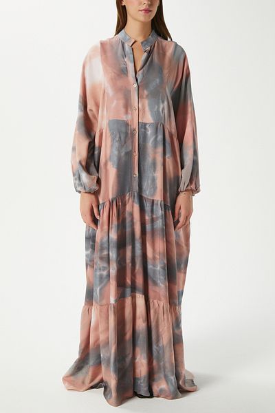 Ritnice Modest Gloria Salmon Gray Women's 100% Viscose Maxi Length Layered Balloon Sleeve Long Summer Dress