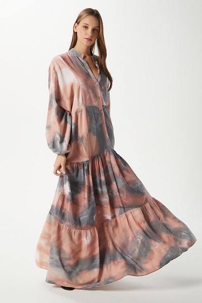 Ritnice Modest Gloria Salmon Gray Women's 100% Viscose Maxi Length Layered Balloon Sleeve Long Summer Dress