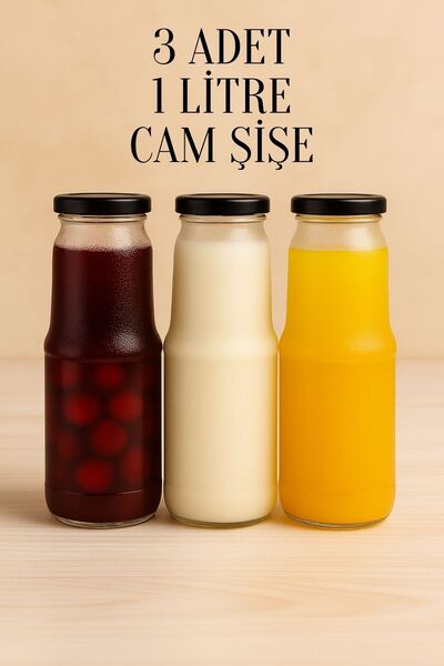 Tanemce 3 Adet 1 Litre Şeffaf Sürahi Süt, Ayran, Su, Limonata, Meşrubat Şişes...