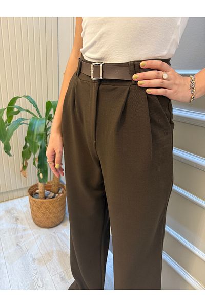 geenz manifacture Καφέ γυναικείο παντελόνι με ζώνη Lycra Crepe Palazzo