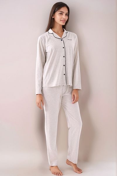 Pierre Cardin Women's Shirt Collar Long Sleeve Buttoned Pajama Set