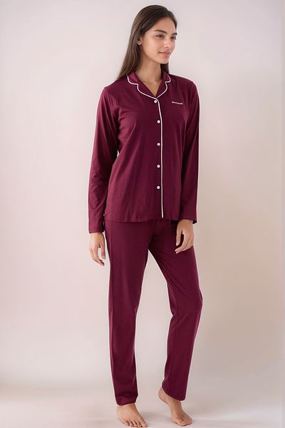 Pierre Cardin Women's Shirt Collar Long Sleeve Buttoned Pajama Set