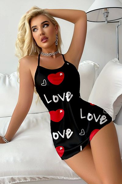 AC BOX Cămașă de noapte din satin negru cu model de inimă cu tema dragostei